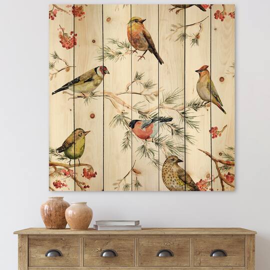 Designart - Forest Birds On Branches - Traditional Print on Natural Pine Wood